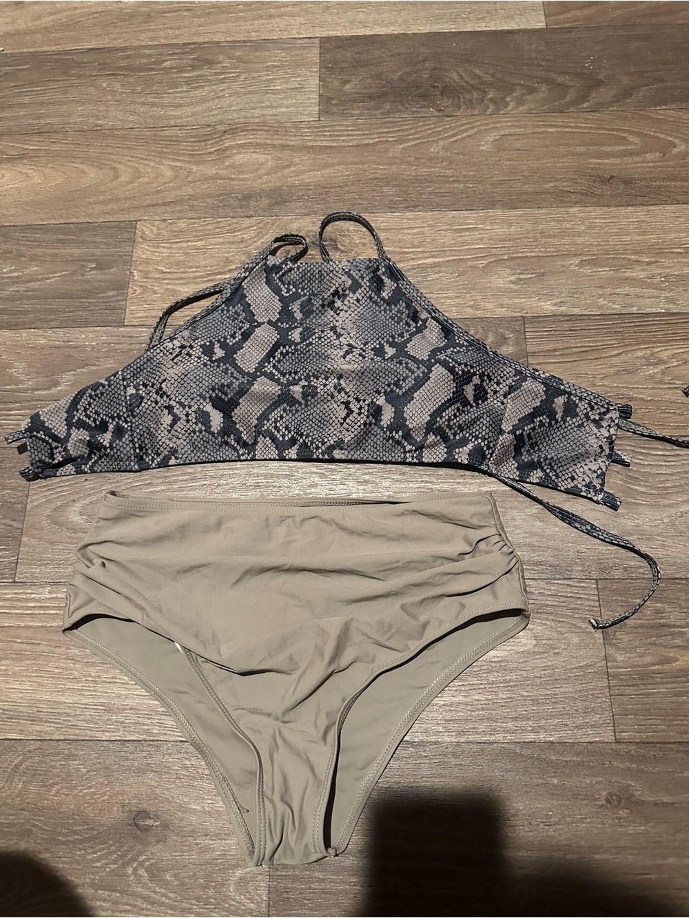 SHEIN Snake Print High-Neck Bikini Top with Taupe High-Waist Bottoms